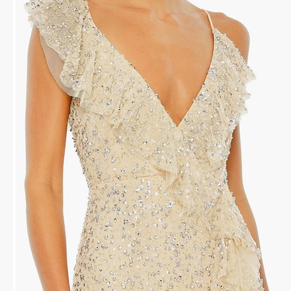 Mac Duggal Sequin Ruffle Asymmetric
Neck Tulle Gown/with Flutter Cap Sleeves - Picture 3 of 14